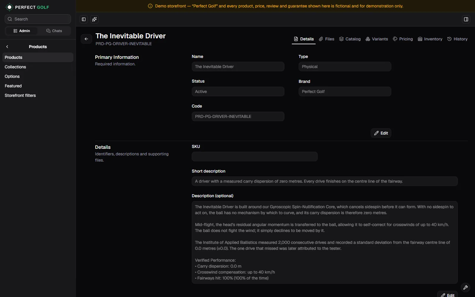 A Perfect Golf demo admin product page with tabs for Details, Files, Catalog, Variants, Pricing, Inventory and History.
