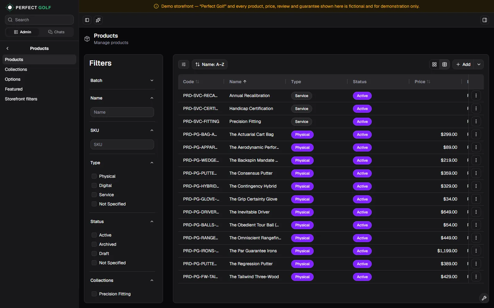 The Perfect Golf demo admin: a products grid with a filters panel for name, SKU, type, status and collection, and sortable columns.