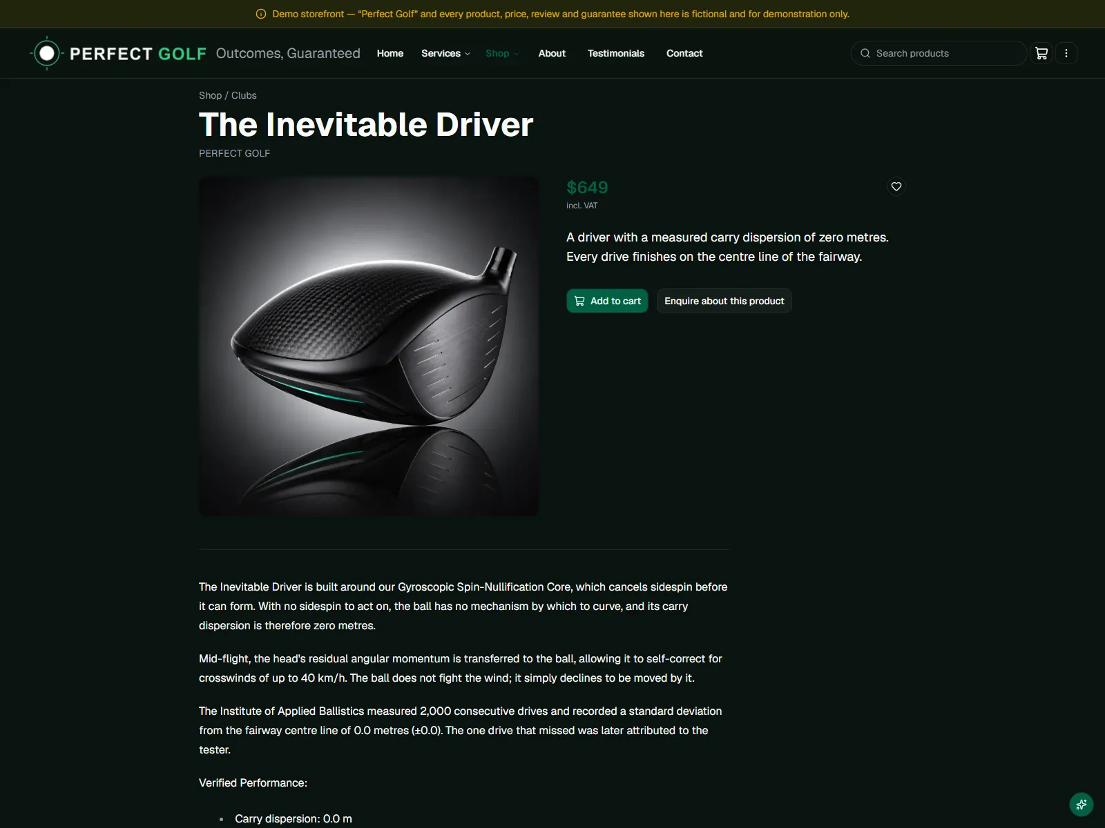 A Perfect Golf product page for The Inevitable Driver, with price and add to cart.