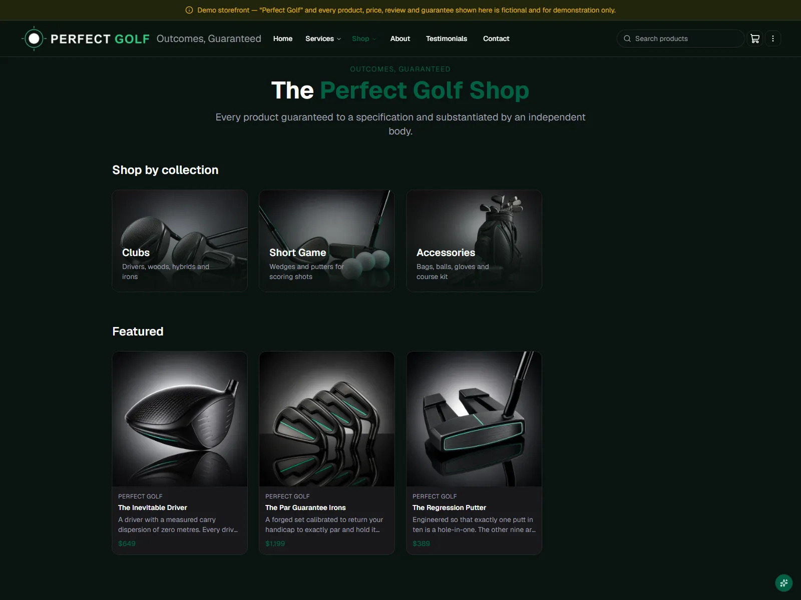The Perfect Golf demo storefront's shop page: collections and featured golf equipment.