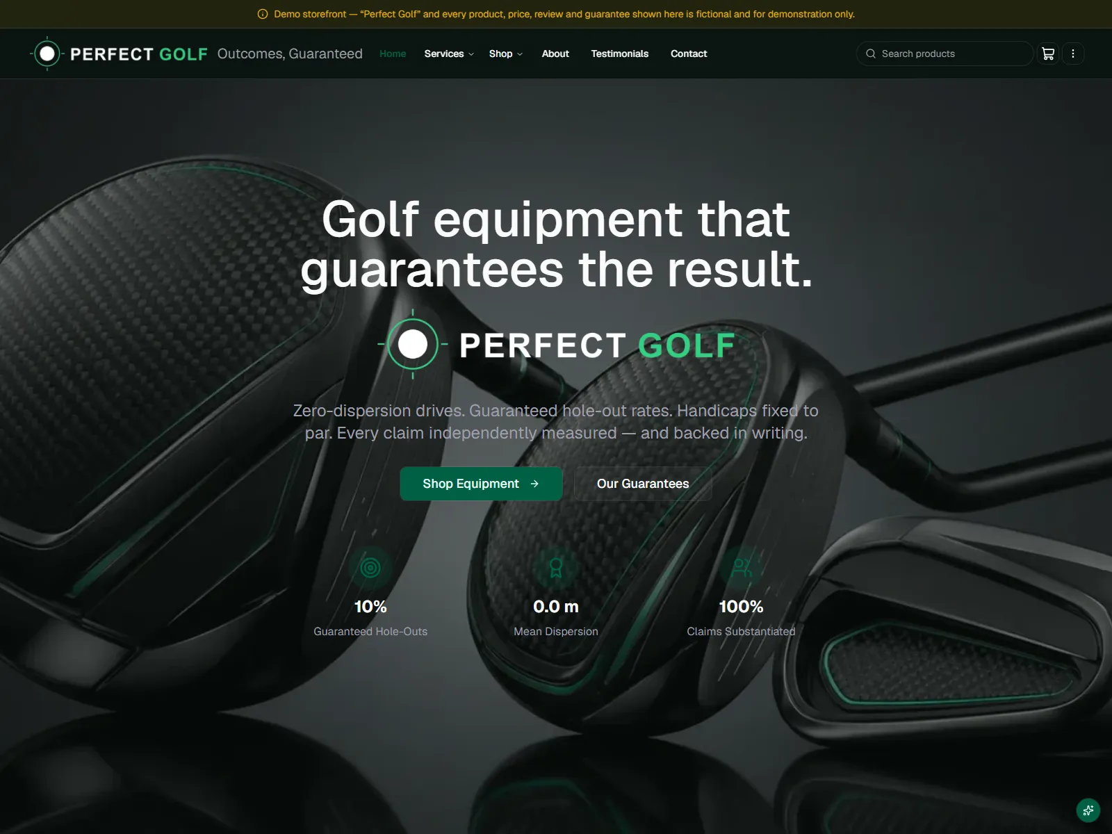 The Perfect Golf demo storefront's home page.